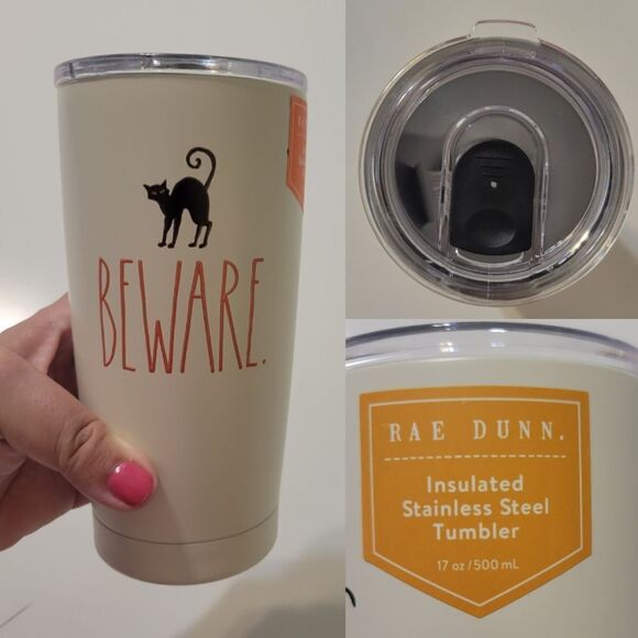 NEW STAINLESS STEEL SLIDE BLACK CAT BEWARE RAE DUNN INSULATED TUMBLER CUP NWT - Picture 1 of 8